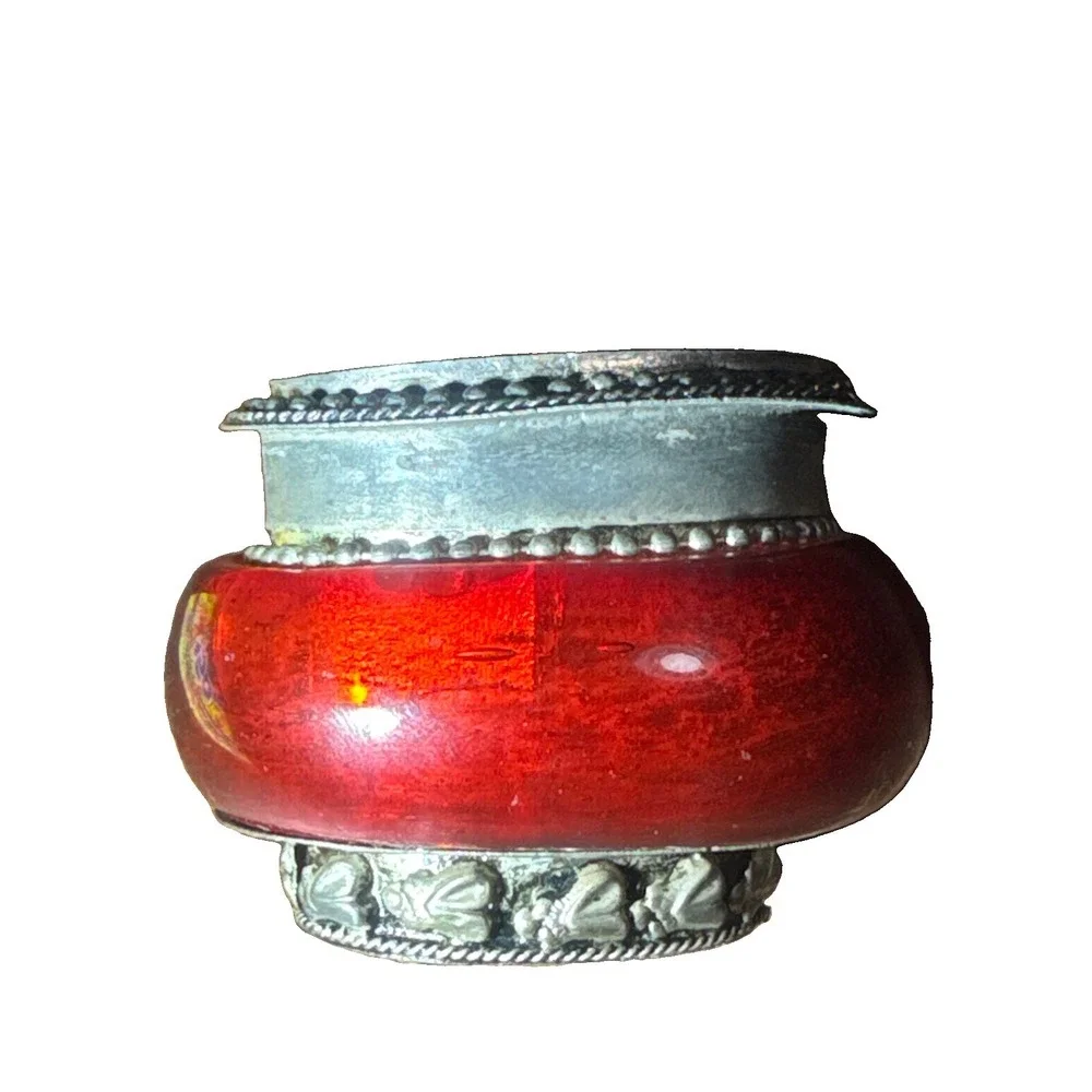 Vintage Red Silver Look Trinket Ring Box Twos Company Made In India 1980's